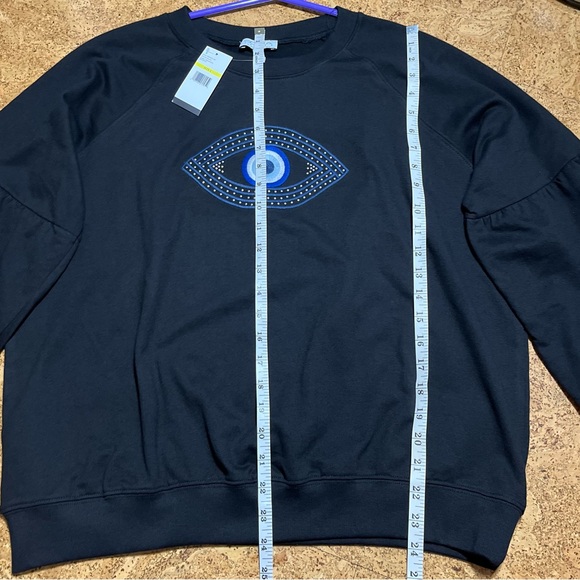 Sofia Vergara Embroidered Evil Eye Drop Shoulder Sweatshirt NWT In Black Sz L - Picture 11 of 13
